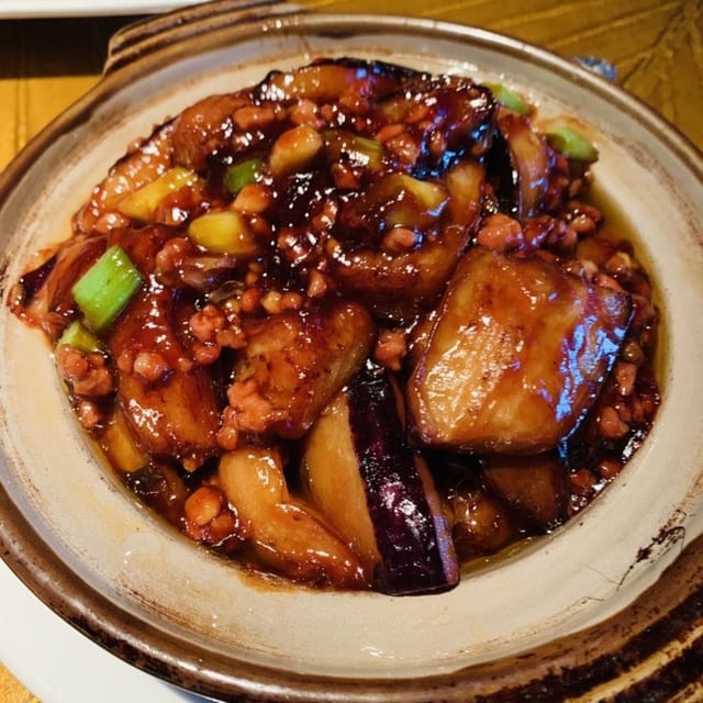 Szechuan Eggplants with Ground Pork in Hot Pot.
