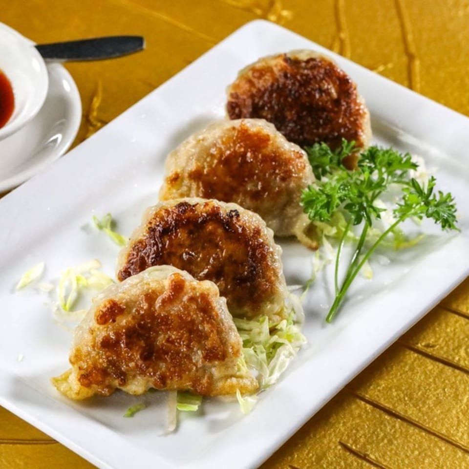 Four pan-fried Jazmine dumplings with crispy bottoms, garnished with parsley and shredded cabbage.
